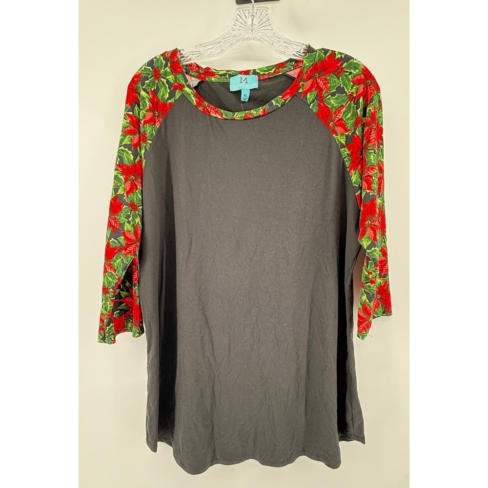 South Main Womens XL Christmas Poinsettia Raglan 3/4 Sleeve Baseball Tee Black